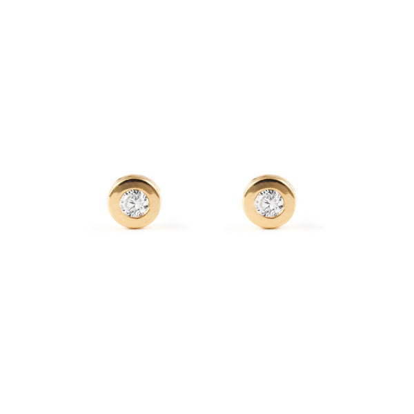 Pendientes Bebe Oro Amarillo 18K Flan Redondo Circonita Brillo