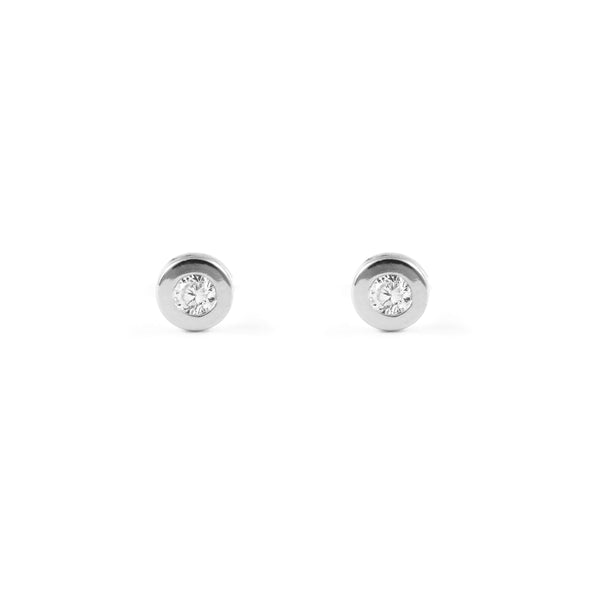 Pendientes Bebe Oro Blanco 18K Flan Redondo Circonita Brillo