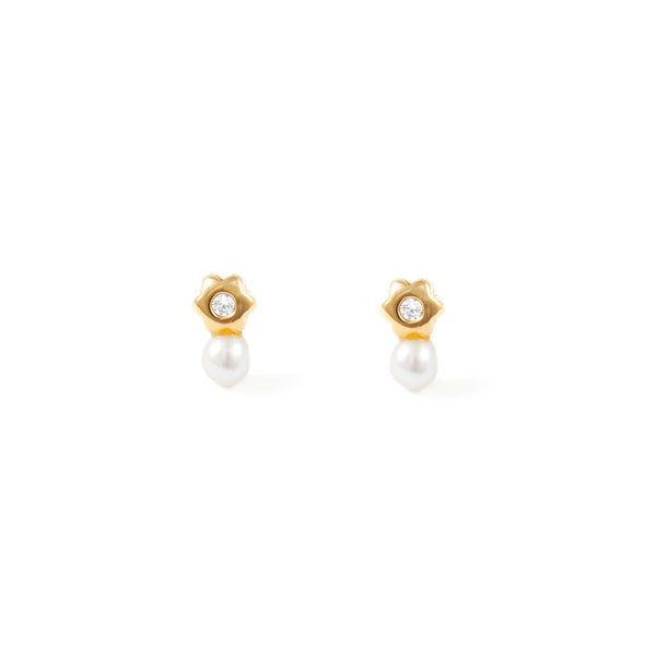 Pendientes Bebe-Niña Oro Amarillo 18K Perla Botón 3,5 mm Flor Margarita Circonita Brillo