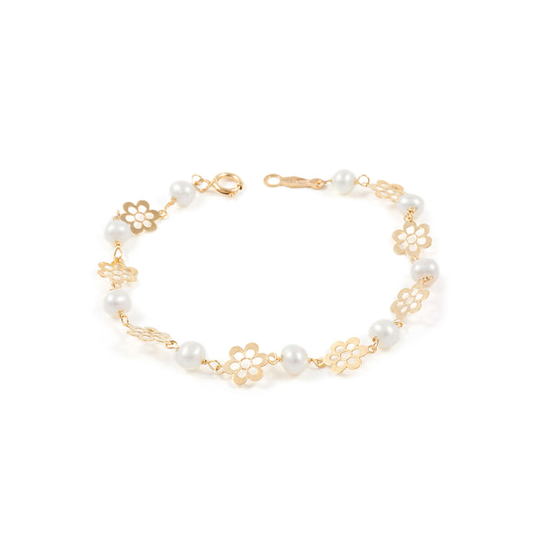 9ct Yellow Gold Round Pearl 4mm Daisy Flower Bracelet 15cm Shine