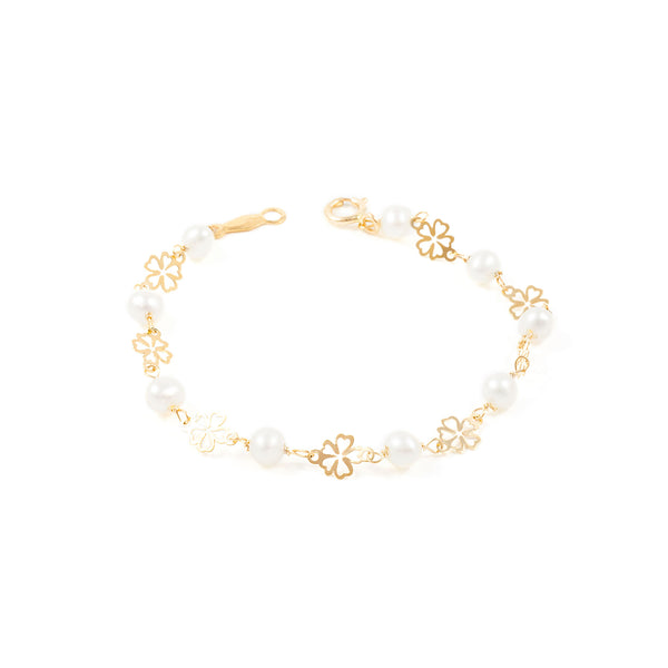 9ct Yellow Gold Round Pearl 4mm Flower Shine Girls Bracelet 13cm