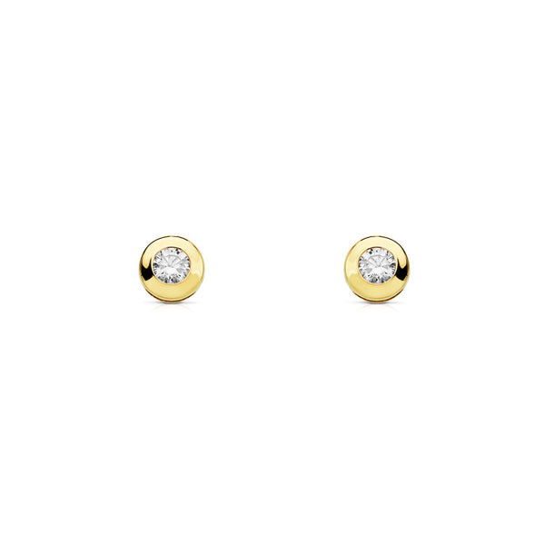 Pendientes Mujer-Niña Oro Amarillo 18K Chatón Galería Redondo Circonita 4 mm Brillo