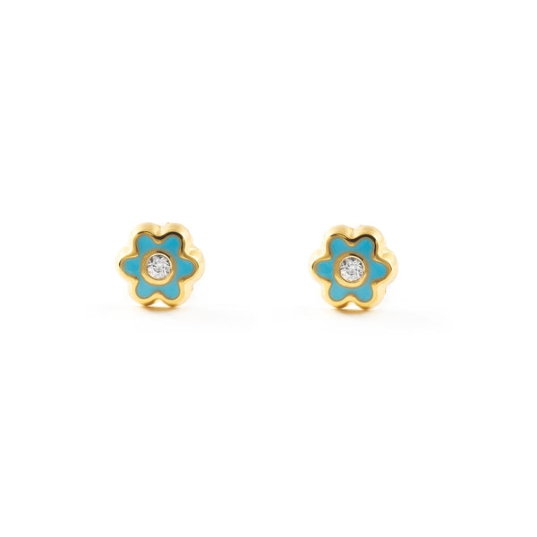 Pendientes Bebe-Niña Oro Amarillo 18K Flor Margarita Esmalte Azul Circonita Brillo