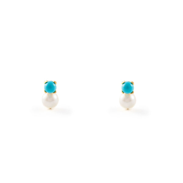 18ct Yellow Gold Turquoise 2 mm Pearl 3 mm Children's Baby Earrings shine