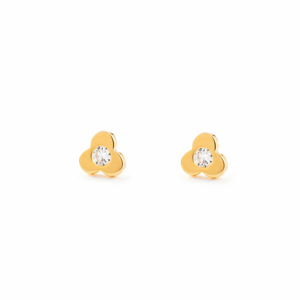 18ct Yellow Gold Trebol Cubic Zirconia Children's Girls Earrings shine