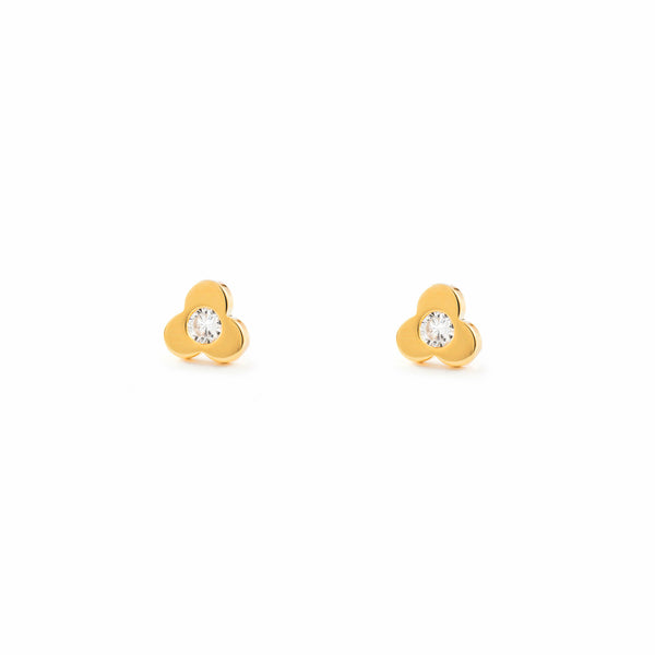 18ct Yellow Gold Trebol Cubic Zirconia Children's Baby Earrings shine