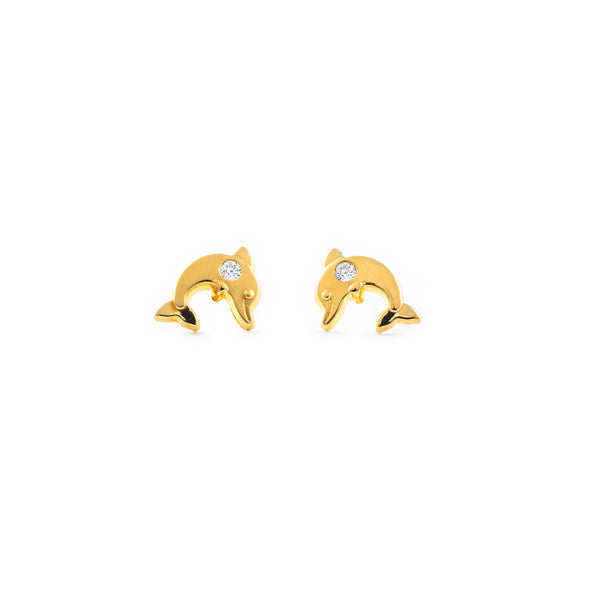 18ct Yellow Gold Dolphin Cubic Zirconia Children's Girls Earrings shine