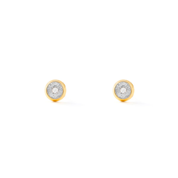 18ct two color gold Round Cubic Zirconia Children's Girls textured Earrings