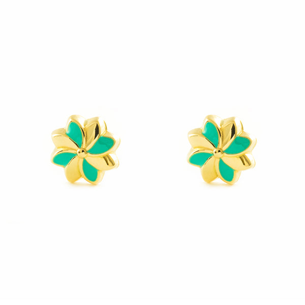 Pendientes Niña Oro Amarillo 18K Flor Esmalte Verde Brillo