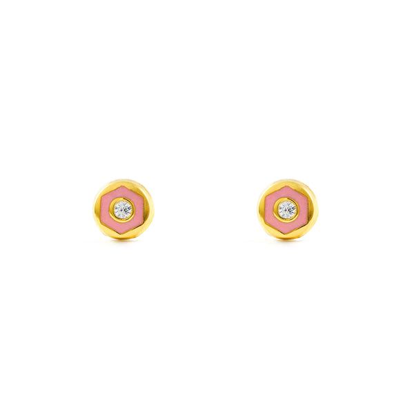 18ct Yellow Gold Pink Enamel Round Cubic Zirconia Children's Baby Girls Earrings shine