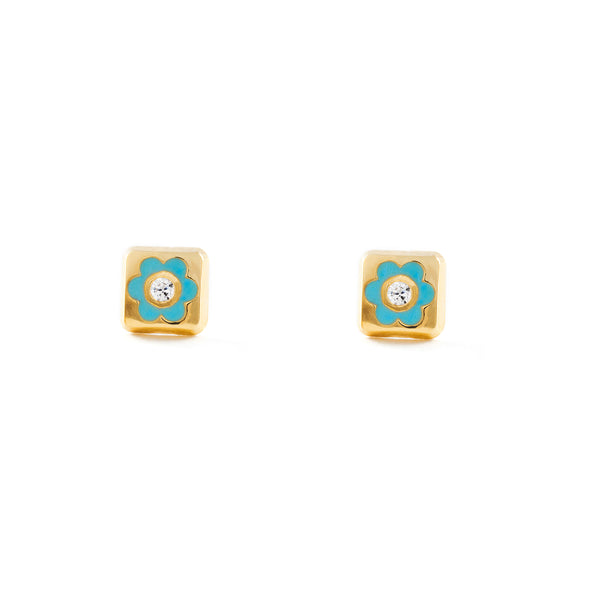 Pendientes Bebe-Niña Oro Amarillo 18K Cuadrado Esmalte Azul Circonita Brillo