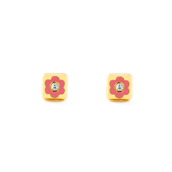 Pendientes Bebe-Niña Oro Amarillo 18K Cuadrado Esmalte Rosa Circonita Brillo