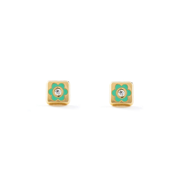 Pendientes Bebe-Niña Oro Amarillo 18K Cuadrado Esmalte Verde Circonita Brillo