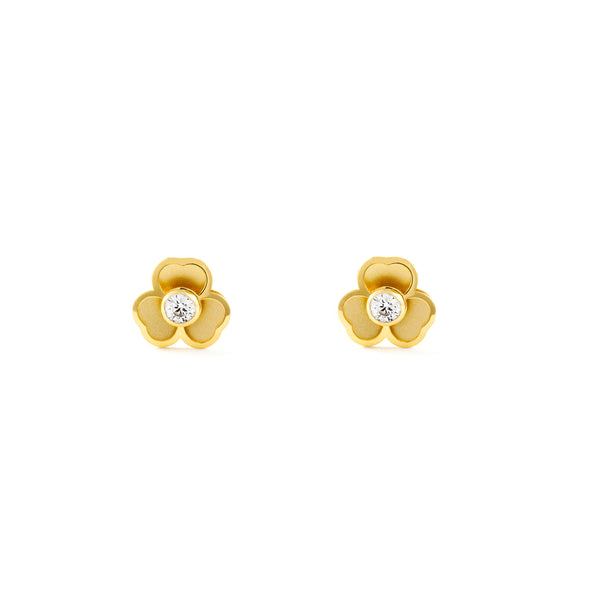 18ct Yellow Gold Trebol Cubic Zirconia Children's Girls Earrings Matte Shine