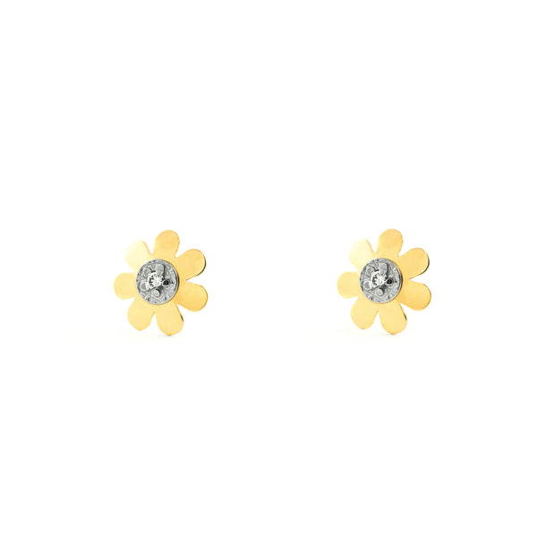 Pendientes Bebe-Niña Oro Bicolor 18K Flor Circonita Brillo