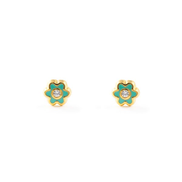 Pendientes Bebe-Niña Oro Amarillo 18K Flor Margarita Esmalte Verde Circonita Brillo