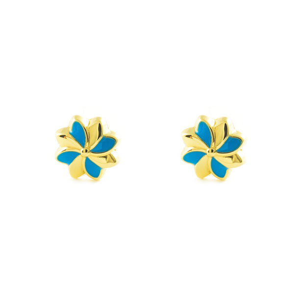 Pendientes Niña Oro Amarillo 18K Flor Esmalte Azul Brillo