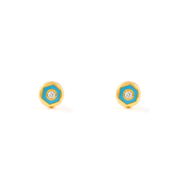 18ct Yellow Gold Blue Enamel Round Cubic Zirconia Children's Baby Girls Earrings shine