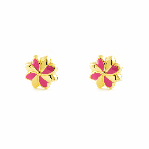 Pendientes Niña Oro Amarillo 18K Flor Esmalte Rosa Brillo