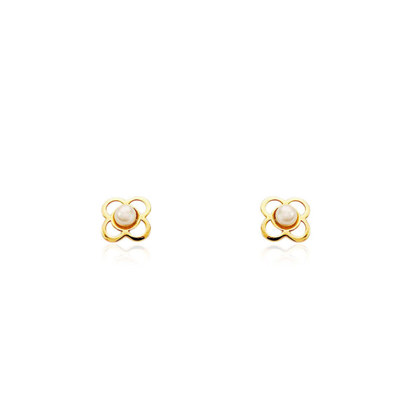 18ct Yellow Gold Trebol Pearl 2 mm Children's Baby Earrings shine