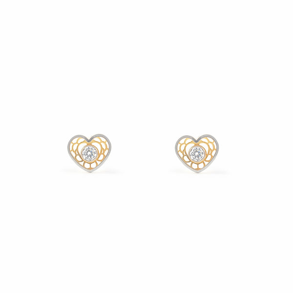 9ct two color gold Heart Cubic Zirconia Children's Girls Earrings shine