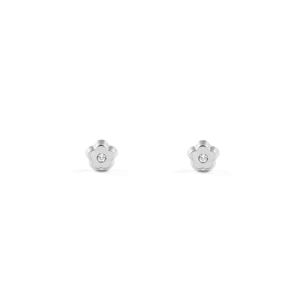 Pendientes Bebe Oro Blanco 9K Flor Margarita Circonita Brillo