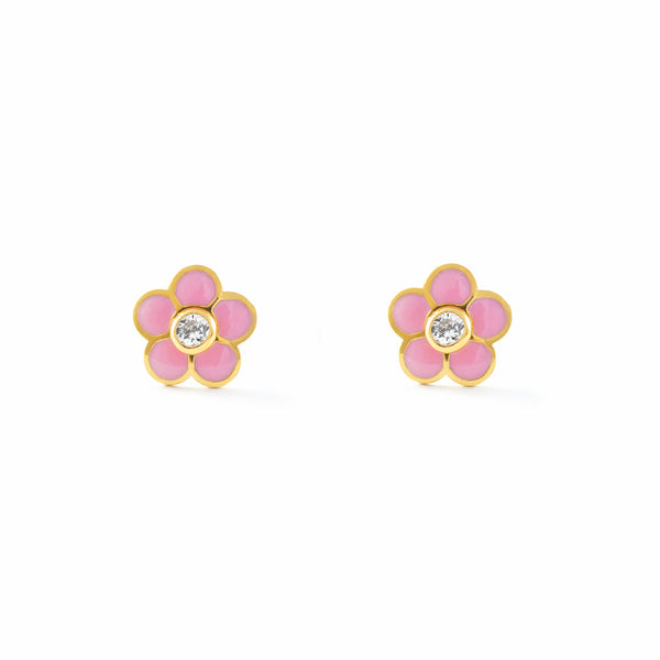 18ct Yellow Gold Pink Enamel Flower Cubic Zirconia Children's Girls Earrings shine