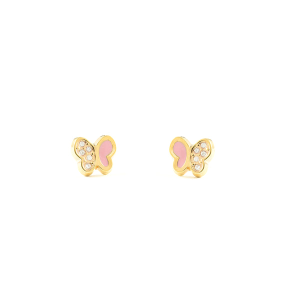 9ct Yellow Gold Pink Enamel Butterfly Cubic Zirconia Children's Girls Earrings shine