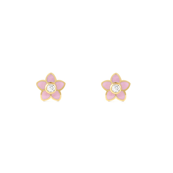 Pendientes Niña Oro Amarillo 18K Flor Esmalte Rosa Circonita Brillo