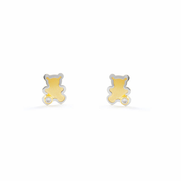 18ct two color gold Bear Cubic Zirconia Children's Baby Girls Earrings Matte Shine