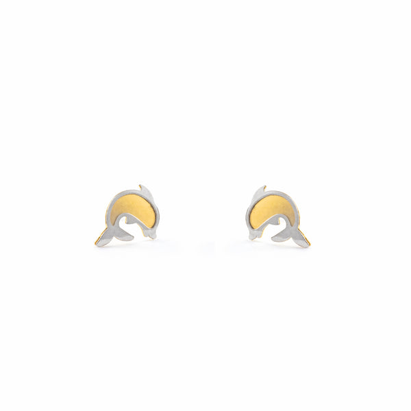 Pendientes Bebe-Niña Oro Bicolor 18K Liso Delfín Mate y Brillo