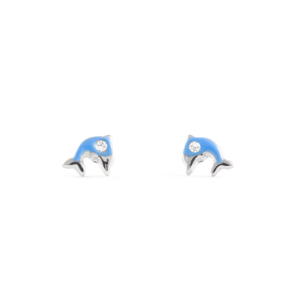 925 Sterling Silver Blue Enamel Dolphin Cubic Zircon shine earrings