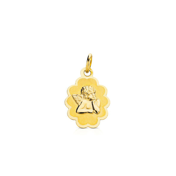 18ct Yellow Gold Personalized Wavy Matte Shiny Angel Medal 17 x 12 mm