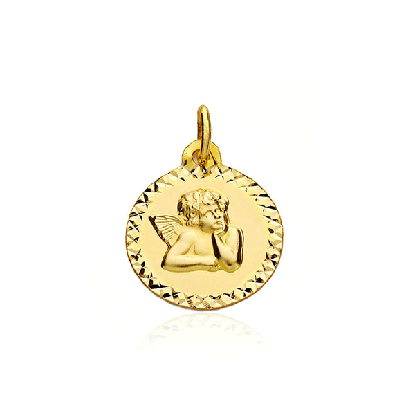 9ct Yellow Gold Personalized Round Matte Shiny Angel Medal 16 x 16 mm