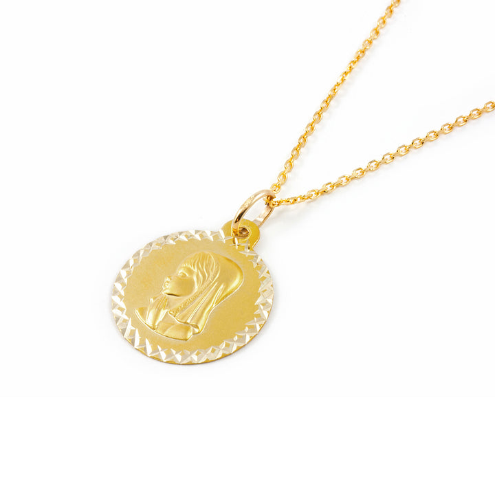 Medalla Oro redonda Virgen Niña cerco texturado (9kts)