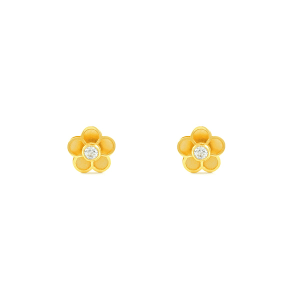 18ct Yellow Gold Flower Cubic Zirconia Children's Girls Earrings Matte Shine
