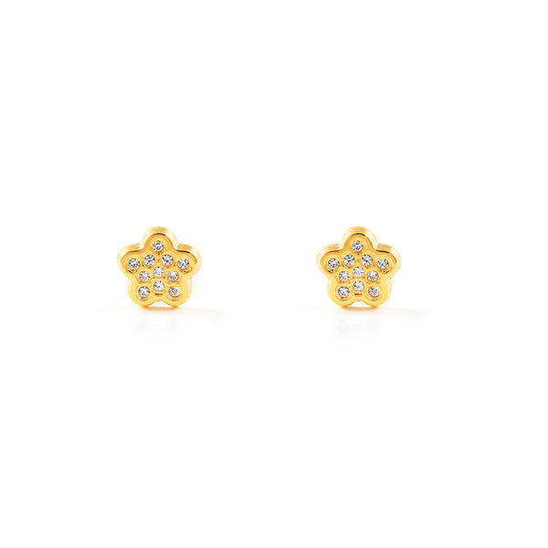 Pendientes Niña Oro Amarillo 9K Flor Circonitas Brillo