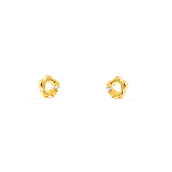 Pendientes Bebe-Niña Oro Amarillo 18K Flor Margarita Circonita Brillo