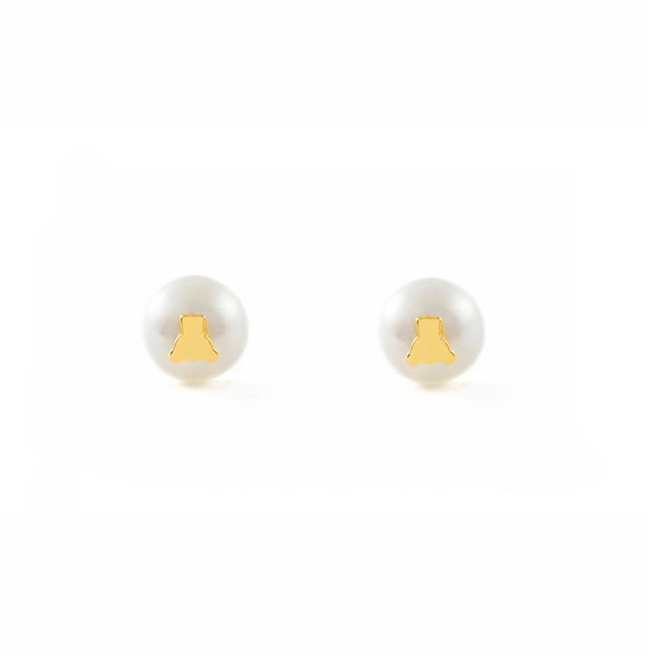 18ct Yellow Gold Bear Pearl 6 mm Children's Girls Earrings shine