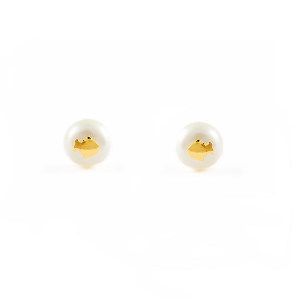 Pendientes Niña Oro Amarillo 18K Perla Botón 7 mm Pez Brillo