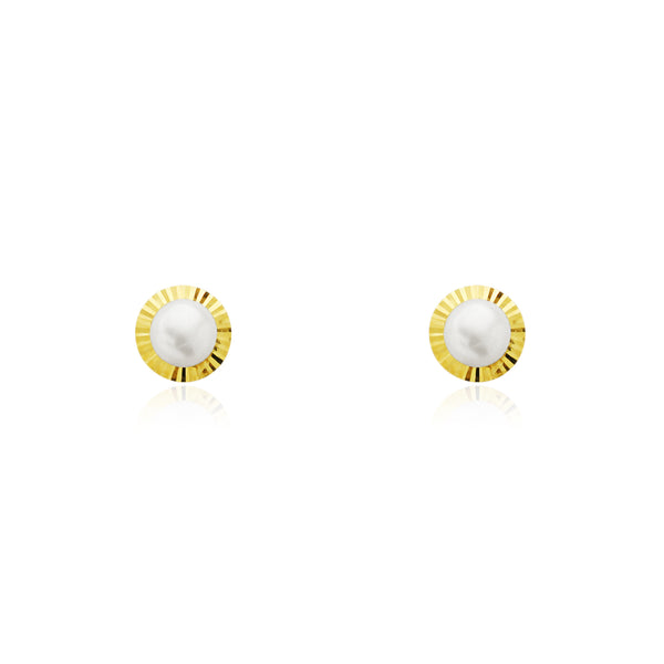 Pendientes Niña Oro Amarillo 18K Orla Perla Redonda 4 mm Redondo Tallados