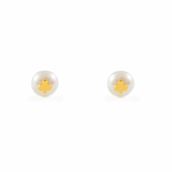 18ct Yellow Gold Trebol Pearl 5.5 mm Children's Girls Earrings shine