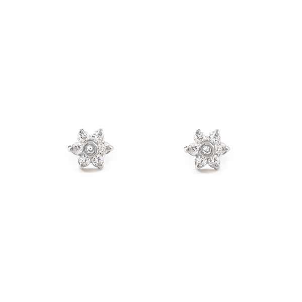 Pendientes Bebe-Niña Oro Blanco 9K Flor Margarita Circonita Brillo