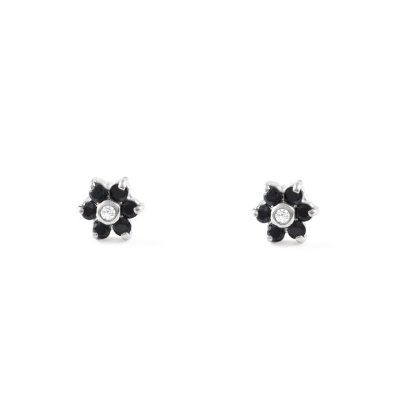 Pendientes Bebe-Niña Oro Blanco 9K Flor Margarita Circonita Negra Brillo