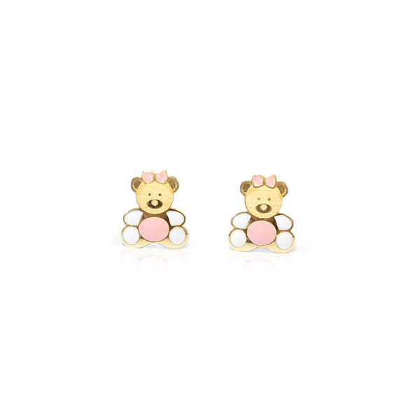 18ct Yellow Gold Pink-White Enamel Bear Children's Girls Earrings shine