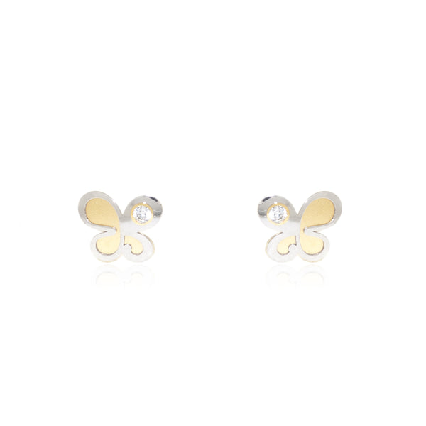 18ct two color gold Butterfly Cubic Zirconia Children's Girls Earrings Matte Shine