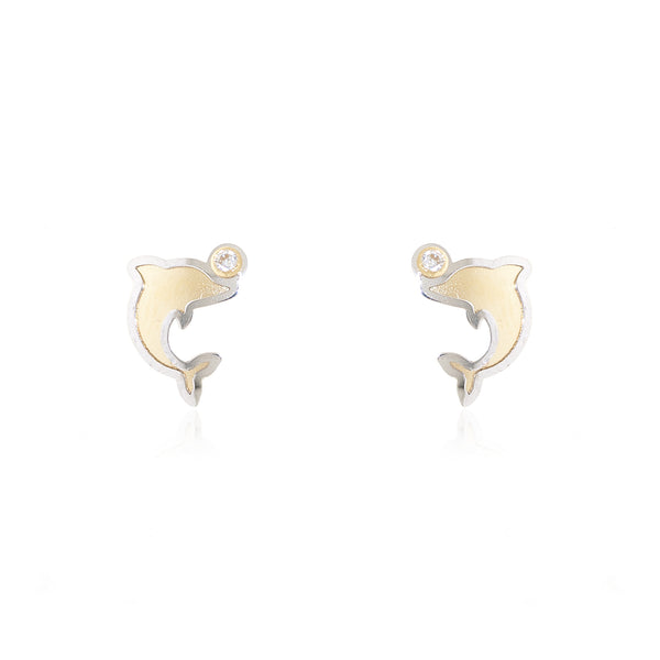 18ct two color gold Dolphin Cubic Zirconia Children's Girls Earrings Matte Shine