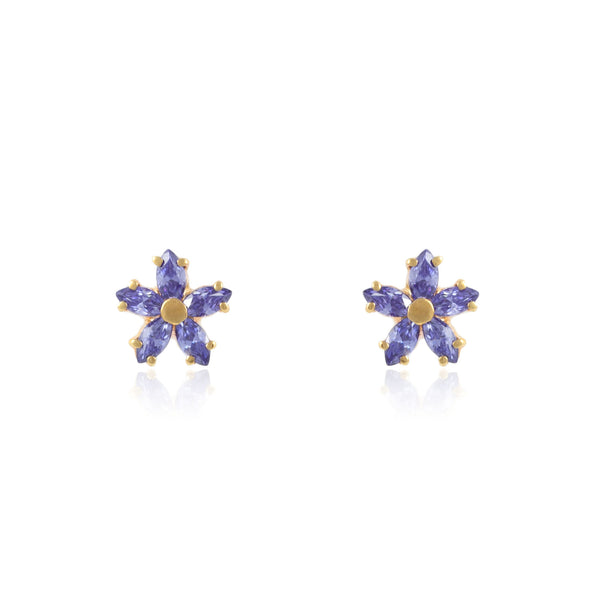 Pendientes Mujer-Niña Oro Amarillo 9K Flor Margarita Amatista Brillo