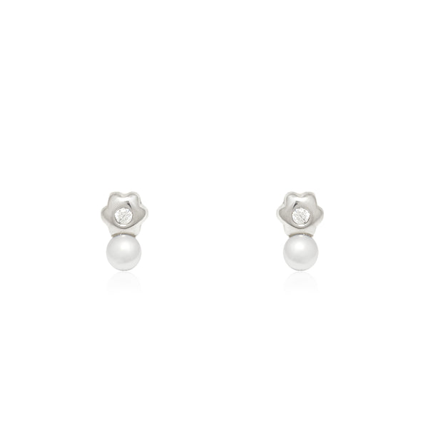 18ct White Gold Daisy Flower Cubic Zirconia Pearl 3.5 mm Children's Baby Girls Earrings shine