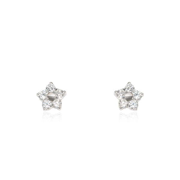 Pendientes Bebe-Niña Oro Blanco 9K Flor Margarita Circonita Brillo